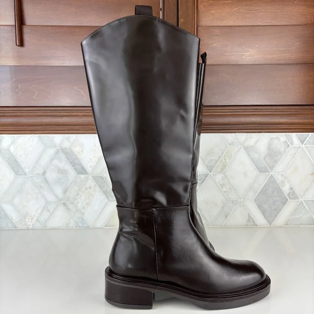 39/9 Dark Brown Walnut Round Toe Block Heel Wide Sole Knee High Pull On Zip Boot - Picture 6 of 16